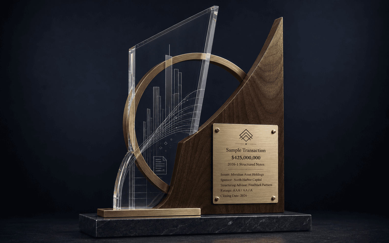 Mixed-material sample transaction commemorative with acrylic, wood, metal, and stone elements